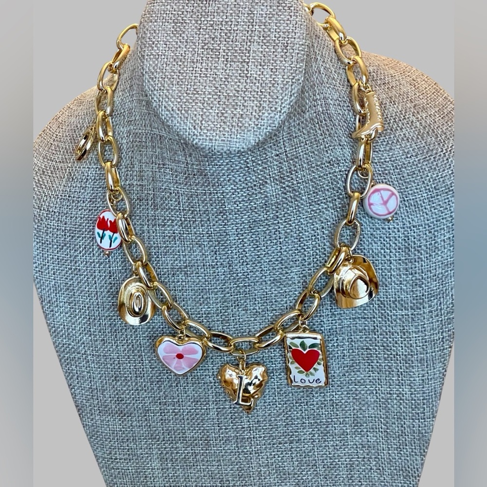 The Rachel Necklace: OOAK Thick gold chain with fun GP charms in pink & red